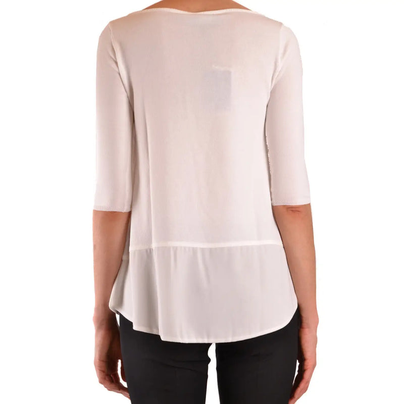 Ermanno women beige knitwear viscose blend top featuring a soft off-white sheer blouse with three-quarter sleeves and ruffled hemline