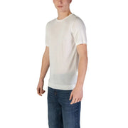 A crisp white short-sleeved viscose knit t-shirt with ribbed crew neckline and hem by Fashion Brand Men Polo