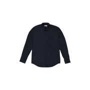 Fashion Brand men shirt with a sleek dark navy long-sleeved button-up design and modern mandarin collar