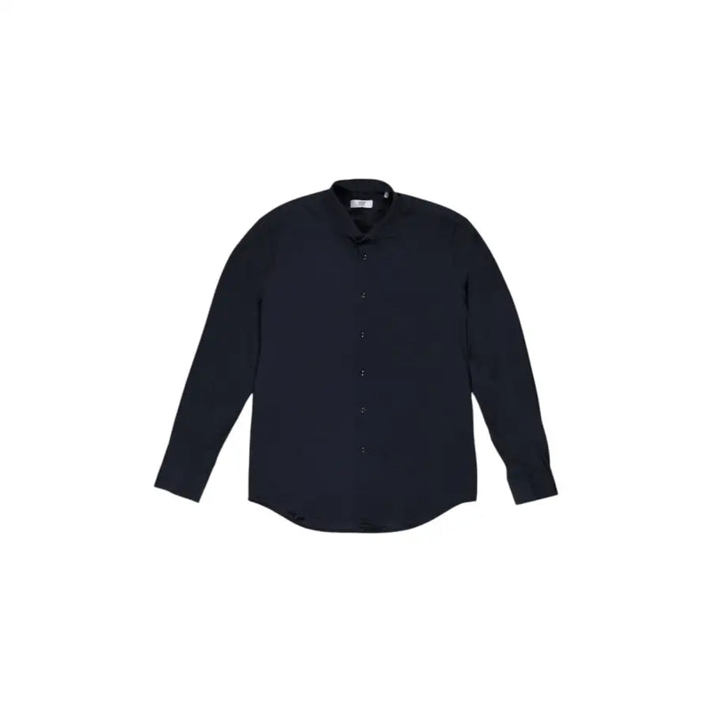 Fashion Brand men shirt with a sleek dark navy long-sleeved button-up design and modern mandarin collar