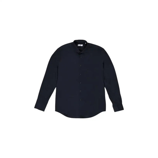 Fashion Brand men shirt with a sleek dark navy long-sleeved button-up design and modern mandarin collar
