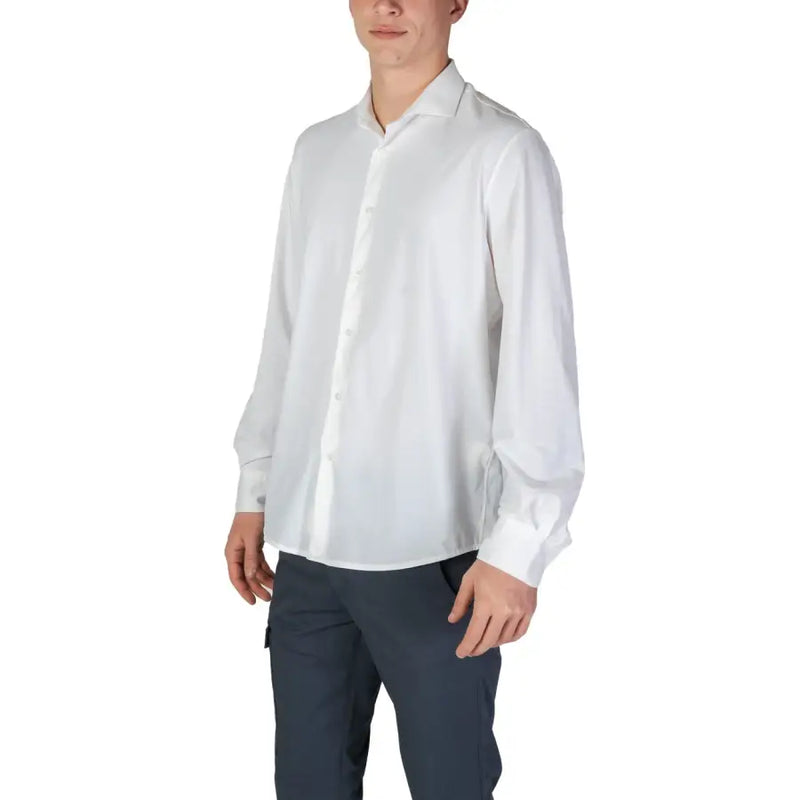 A crisp white long-sleeved dress shirt with classic collar and button-down front by Fashion Brand men shirt