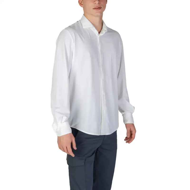 A crisp white long-sleeved dress shirt with classic collar and button-down front from Fashion Brand men shirt