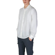 A crisp white long-sleeved dress shirt with classic collar and button-down front by Fashion Brand men shirt