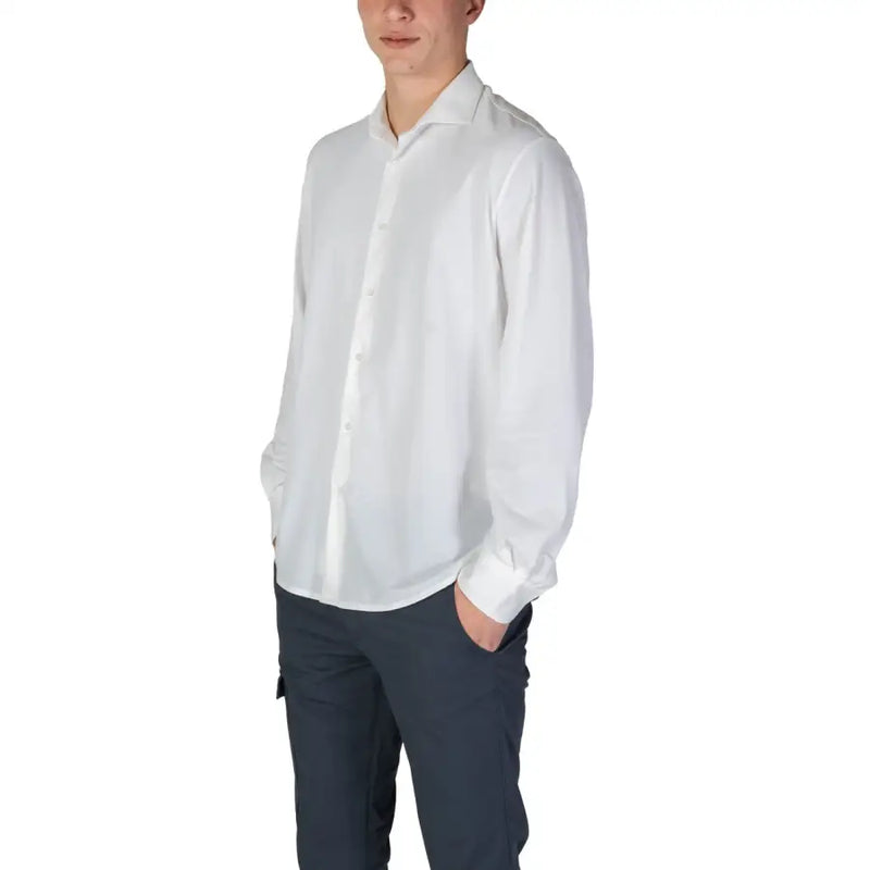 A crisp white long-sleeved dress shirt with classic collar and button-down front by Fashion Brand men shirt