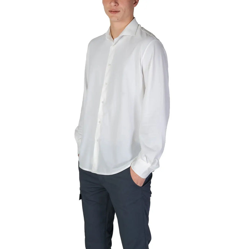 A crisp white long-sleeved dress shirt with classic collar and button-down front by Fashion Brand men shirt