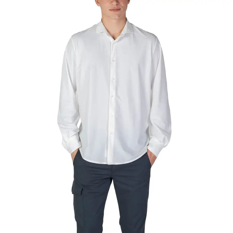 A crisp white long-sleeved dress shirt with classic collar and buttons from Fashion Brand for men