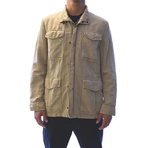 Beige cotton linen fay men blazer with long turtleneck and four button flap pockets in utility jacket style