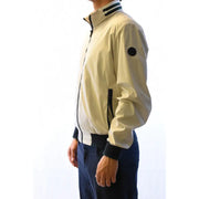 Cream-colored Fay men blazer bomber jacket with black trim, zipper details, and circular patch on the sleeve