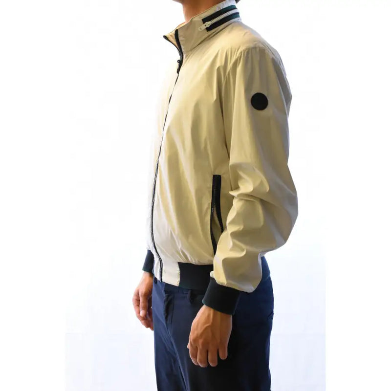Cream-colored Fay men blazer bomber jacket with black trim, zipper details, and circular patch on the sleeve