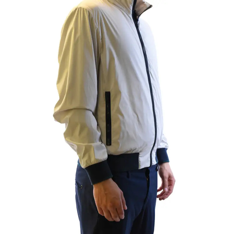Fay men blazer two-tone bomber jacket with cream body and black zipper cuffs and side panel accents
