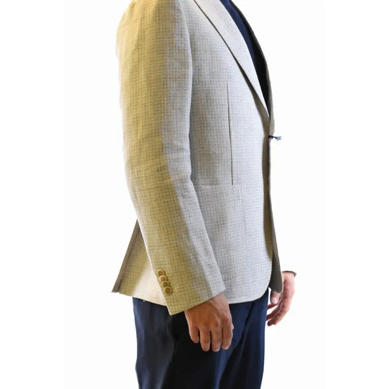 Light gray textured three-button blazer with subtle pattern in cotton linen by Fay for men