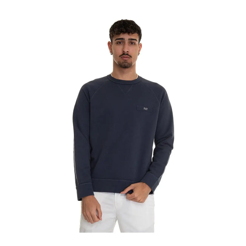 Navy blue crewneck cotton sweater by Fay men knitwear with subtle white embroidered logo on the left chest