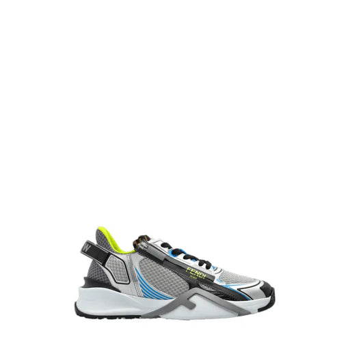 Fendi men grey sporty slip on fabric sneaker in silver and black mesh with neon green accents and blue stripes