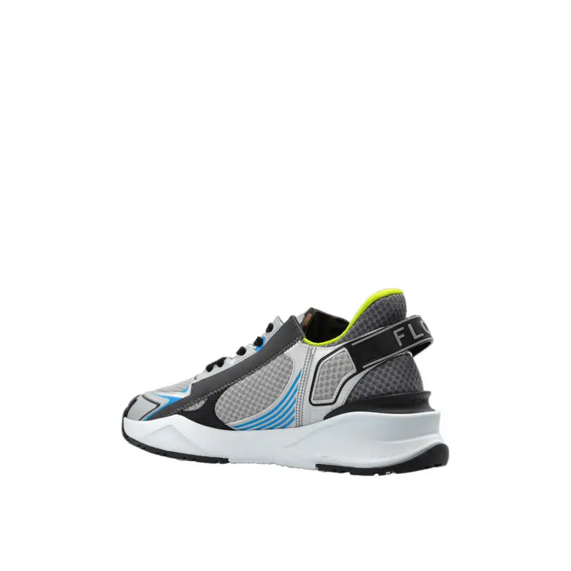 Fendi men grey sporty slip on fabric sneakers with gray and black mesh upper and neon green accents and blue stripes