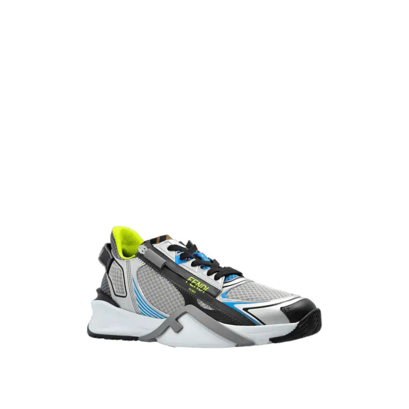 Fendi men grey sporty slip on fabric sneakers with mesh upper black silver accents neon yellow lining and chunky white sole