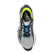 Fendi men grey sporty slip on fabric sneakers in silver and black with neon yellow accents and blue mesh detailing