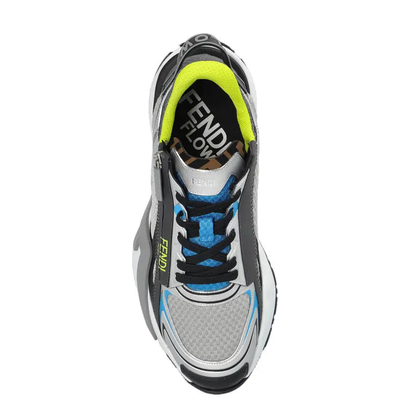 Fendi men grey sporty slip on fabric sneakers in silver and black with neon yellow accents and blue mesh detailing