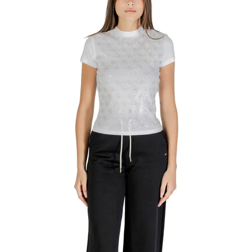 Weißes Kurzarm-Top mit Stehkragen aus Spitze T-shirt mit Kordelzug am Saum für Damen