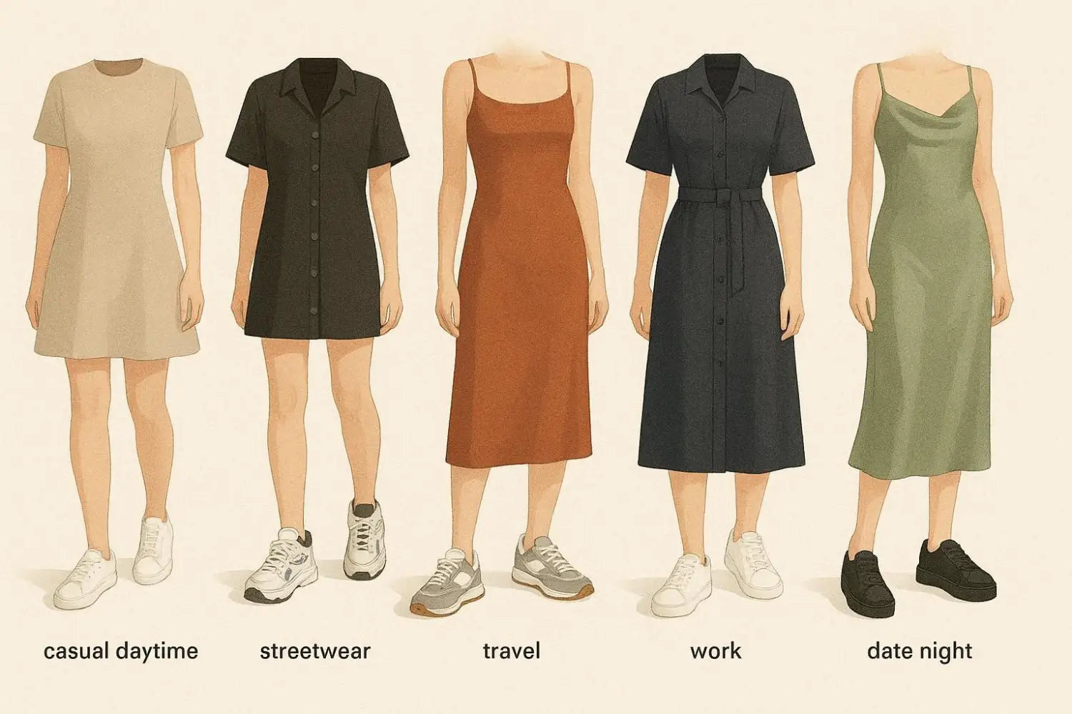 Outfit-Ideen, die Kleider in Kombination mit verschiedenen Sneakers zeigen