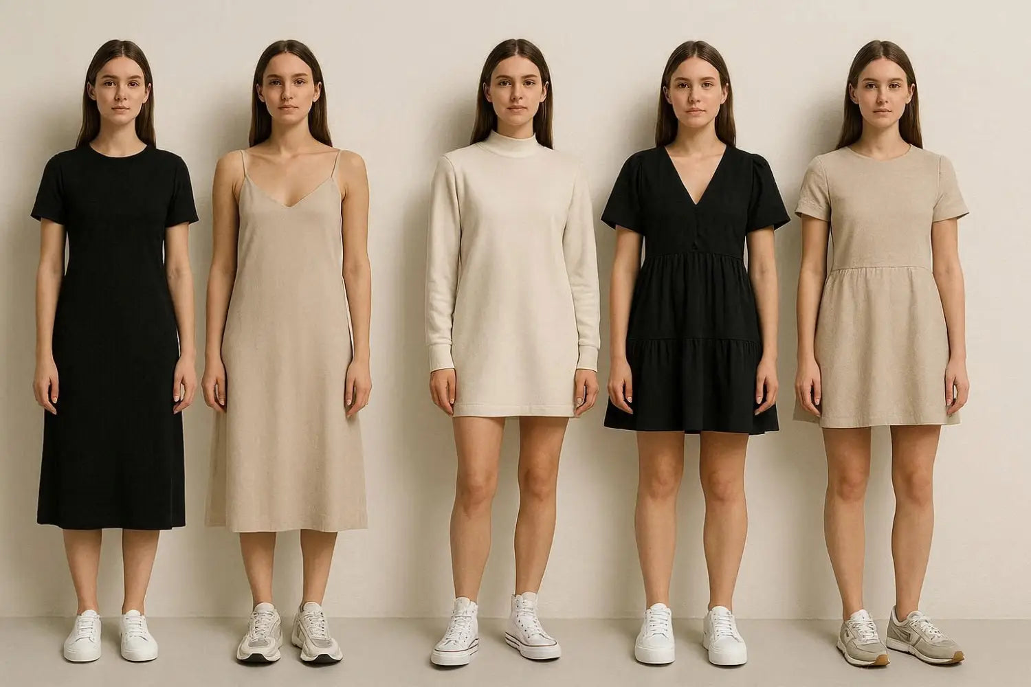 Verschiedene Sneakerstile in Kombination mit diversen Kleidern