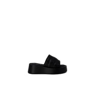 Furla women’s black leather platform slide sandal with quilted strap and glossy finish size 6