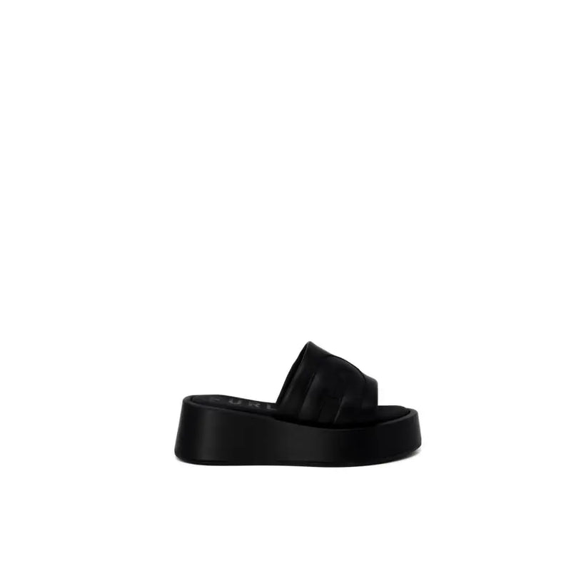 Furla women’s black leather platform slide sandal with quilted strap and glossy finish size 6
