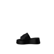 Furla women’s black leather platform slide sandal with sleek minimalist design and smooth leather-like finish size 6