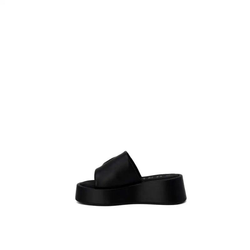 Furla women’s black leather platform slide sandal with sleek minimalist design and smooth leather-like finish size 6