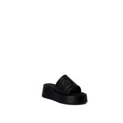 Furla women’s black leather platform slide sandal with glossy finish and embossed logo on the strap size 6