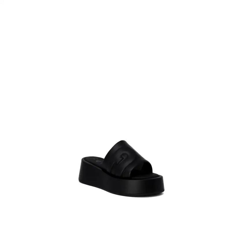 Furla women’s black leather platform slide sandal with glossy finish and embossed logo on the strap size 6