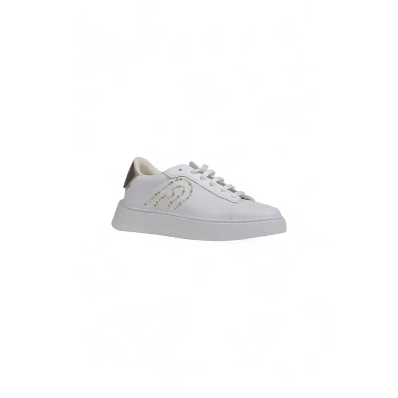 Furla women’s white leather low-top sneakers with rhinestone gold logo and contrasting tan heel tab