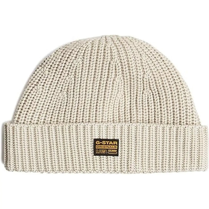 G-Star Herren-Strickmütze mit Rippstrickbündchen in Beige, umgeschlagenem Rand und G-Star Originals-Label, Vorderansicht