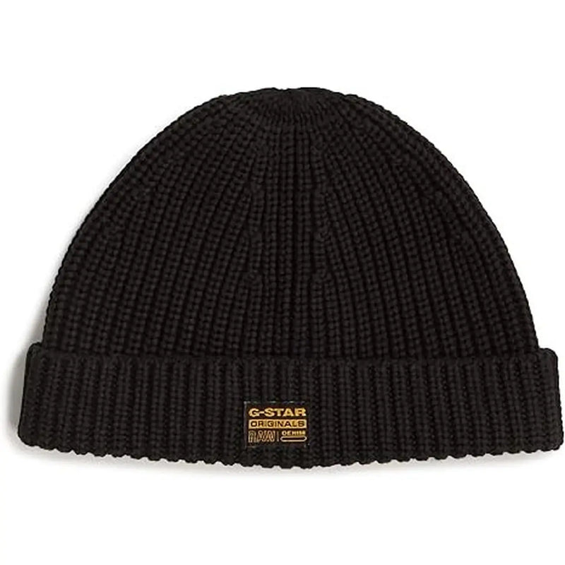 Schwarze G-Star Herren-Strickmütze aus Rippstrick mit umgeschlagenem Rand und rechteckigem Label (Vorderansicht)