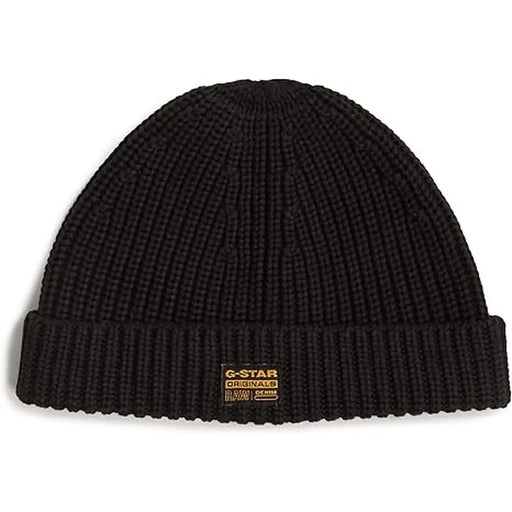 Schwarze G-Star Herren-Strickmütze aus Rippstrick mit umgeschlagenem Rand und rechteckigem Label (Vorderansicht)