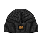 Schwarze, gerippte G-Star-Strickmütze für Herren mit umgeschlagenem Rand und rechteckigem Logo-Patch, Vorderansicht