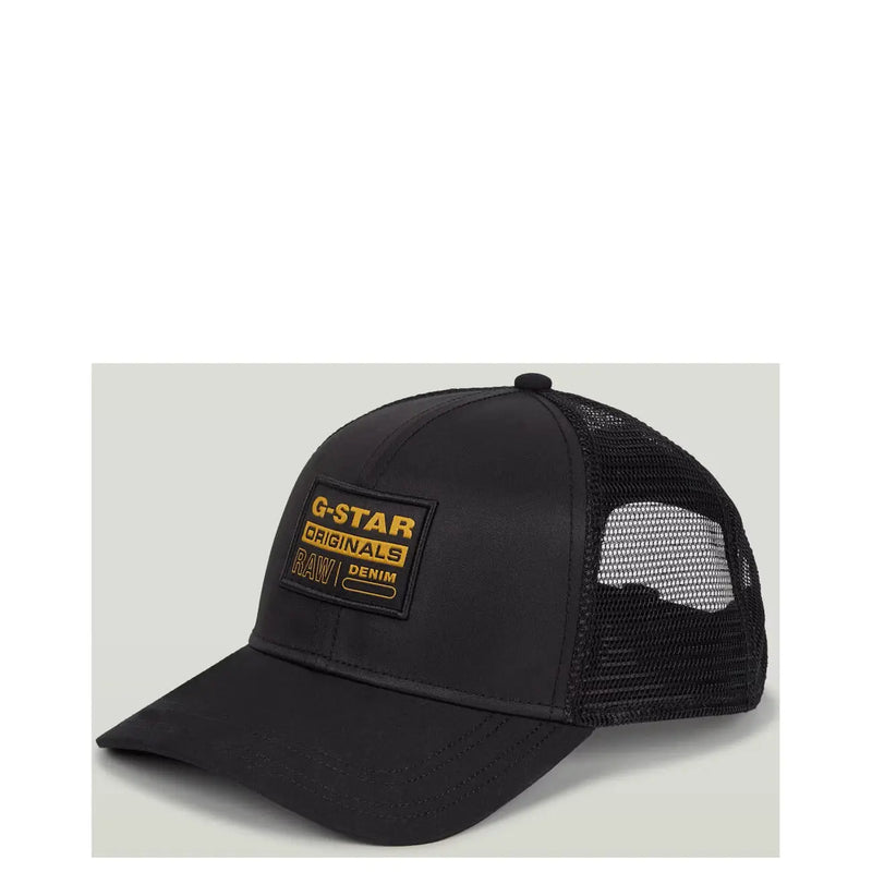 Black g-star originals raw denim trucker cap with mesh back and gold embossed logo patch for men accessories