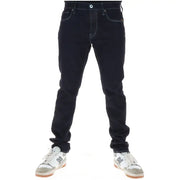 Dark indigo cotton stretch G-star men jeans with contrasting white stitching and classic five-pocket design button fly