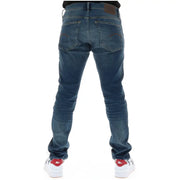 Dark blue g-star men jeans slim fit with button fly cotton stretch shown from the back with brown leather patches