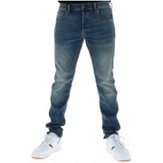 Back side of g-star men jeans 51001 featuring dark-wash slim fit denim with button fly cotton stretch and brown brand patch