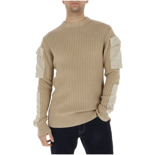 G-Star men knitwear beige long cotton sweater with ribbed texture and off-white patch panels on sleeves