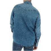 Blue denim long-sleeved G-star men shirt showing classic western-style back yoke and buttoned cuffs