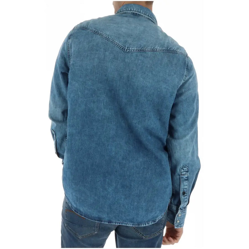 Blue denim long-sleeved G-star men shirt showing classic western-style back yoke and buttoned cuffs