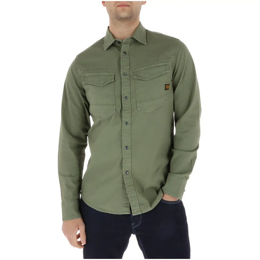 G-star men shirt olive green long-sleeved button-up with two chest pockets and brand patch on left pocket