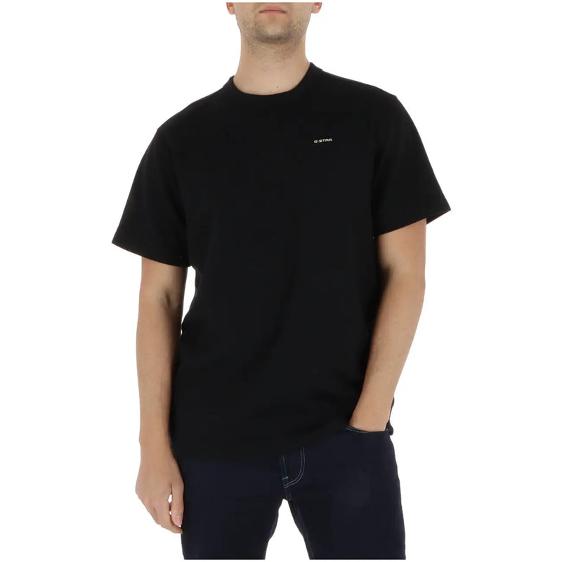 Black short-sleeved crew neck t-shirt with small white logo on left chest made of organic cotton by g-star men