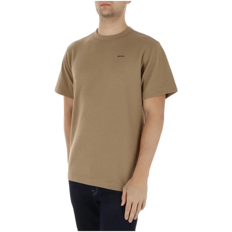 Beige ribbed knit short-sleeve G-star men t-shirt with round neck and black logo made of organic cotton