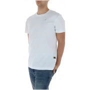 White G-star raw men t-shirt round neck 100% cotton short sleeve with subtle chest logo and brown label hem