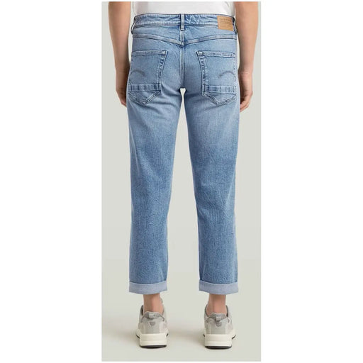 G star women blue denim jeans in light wash with classic straight-leg cut rolled cuffs cotton stretch material