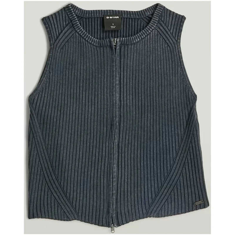 Dark gray ribbed knit sleeveless vest with front zipper and g-star label, designed as a women tank top