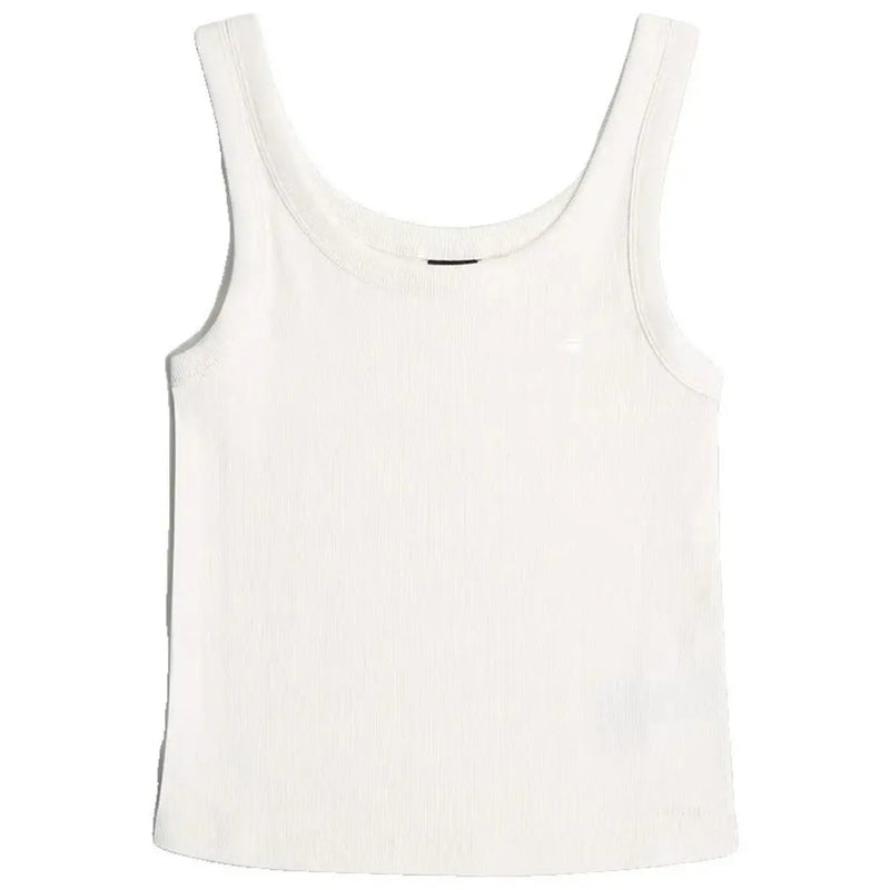 A minimalist white ribbed cotton tank top with rounded neckline and thin straps by G star women